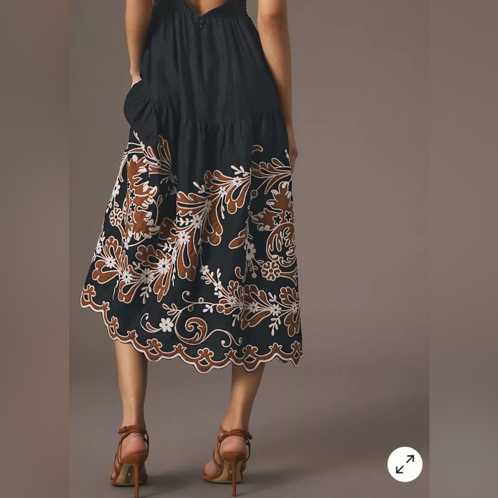 anthropologie midi Black and Brown Embroidered Skirt
